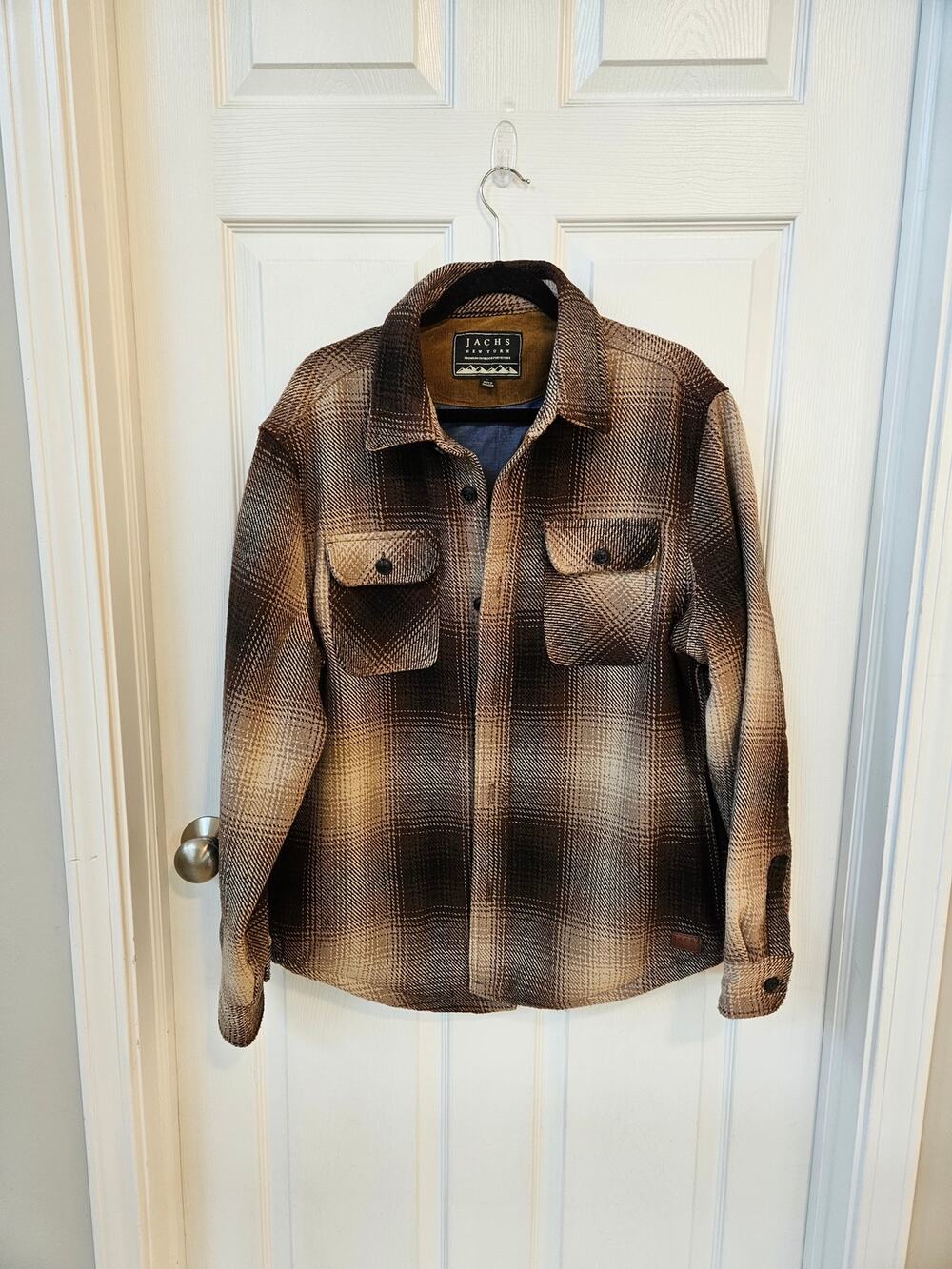 Jachs New York Mens Large Plaid Shirt Jacket Brown Wool Blend Button Front Lined